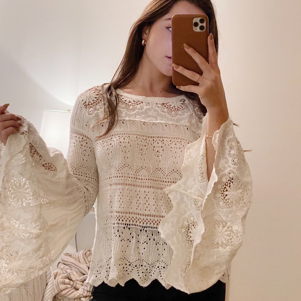 Free People Eyelet Lace Bell Sleeve Blouse